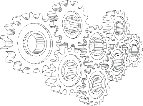 Black and White Technical drawing of intermeshing Cogs
